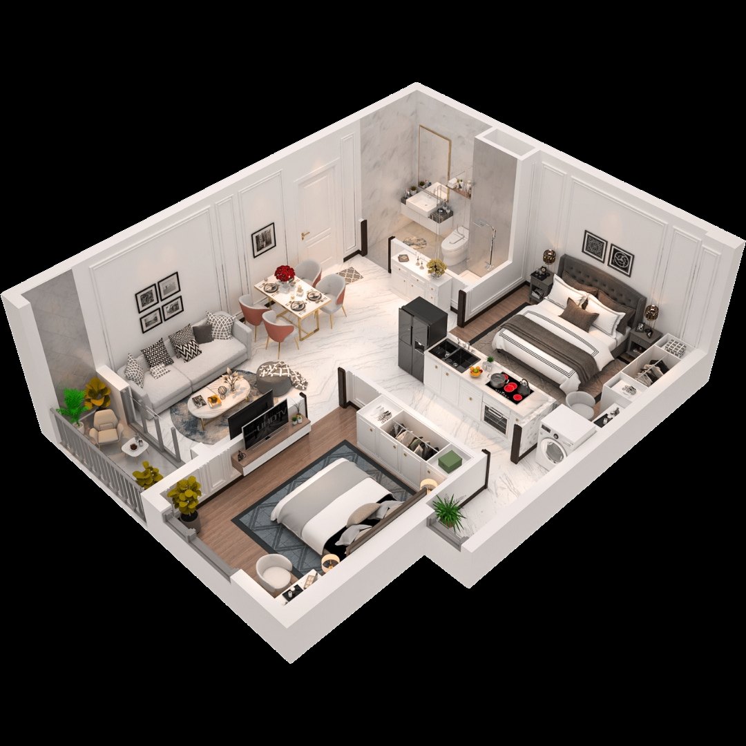 Mặt bằng 3D căn hộ 2 phòng ngủ 58m² Maison Grand Phú Mỹ với phòng khách, bếp và hai phòng ngủ
